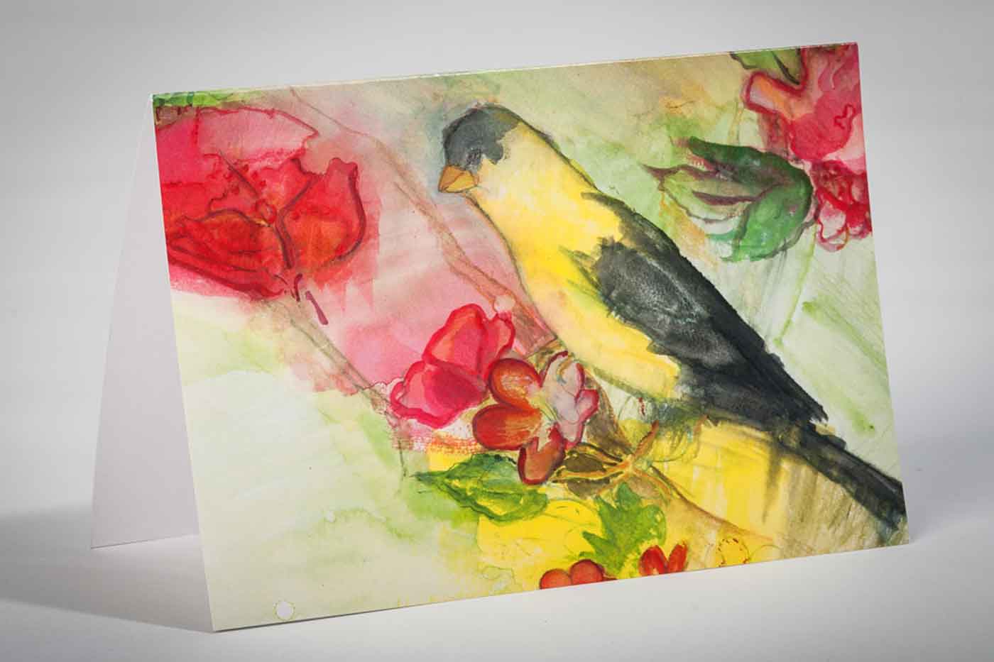 Picture of a GADOL card with a yellow bird and pink flowers