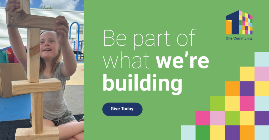 Photo of a camper smiling while building with blocks. Next to the photo, there's a green background with rainbow squares and text that says "be part of what we're building," with a butotn that says "give today"