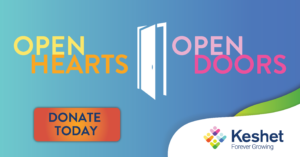 Blue gradient background with a door icon that says "open hearts open doors" in colored letters and an orange button that says "donate today"