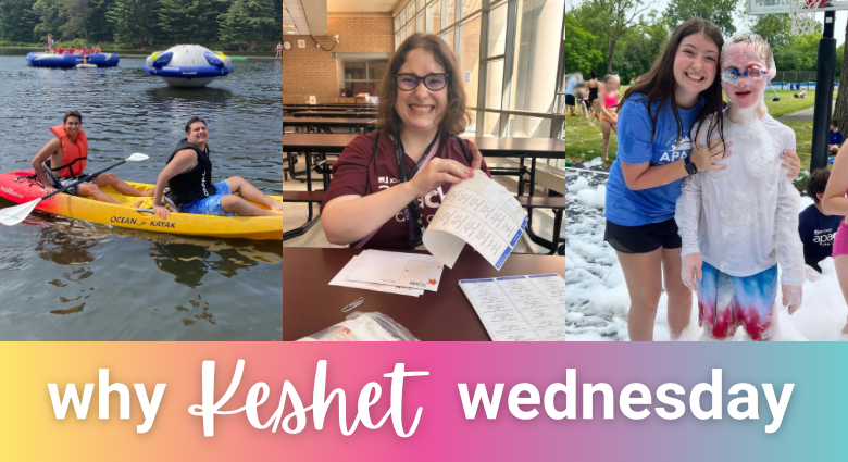 Three camp photos -- camper and staff in a kayak, staff putting labels on postcards and camper and staff at a foam party -- yellow, pink and blue text overlay that says "Why Keshet Wednesday"