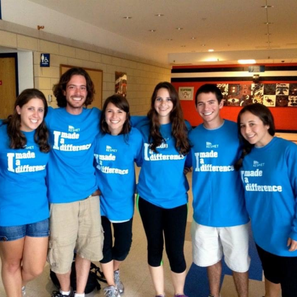 Leah with a group of other Keshet staff wearing blue shirts