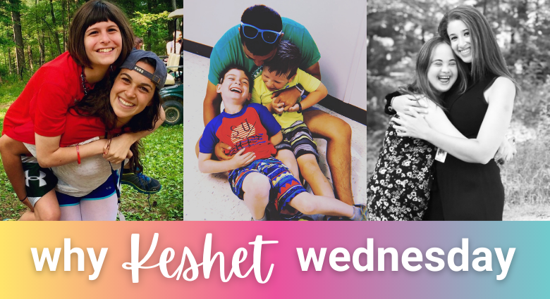 Three photos of camp staff alumni with campers and text overlay that says "Why Keshet Wednesday"