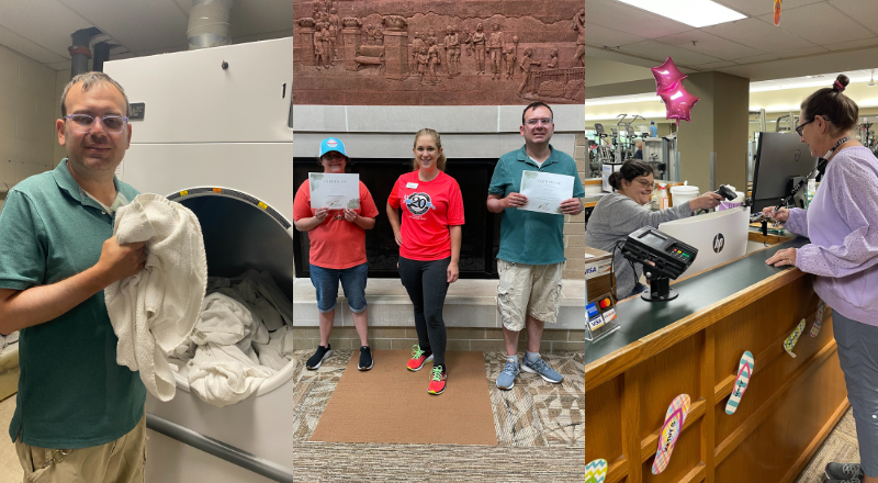 Collage of three photos: Noah folding laundry, Sam and Noah holding their certificates with Kristina and Sam scanning someone's membership card