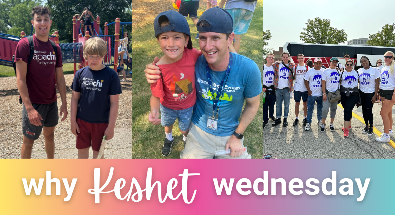 Three photos of campers and staff wearing Ramah, Apachi and Camp Chi t-shirts with text overlay that says "Why Keshet Wednesday"