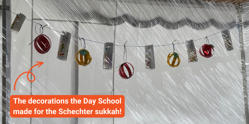 Decorations the Day School created hanging up in the Schechter sukkah