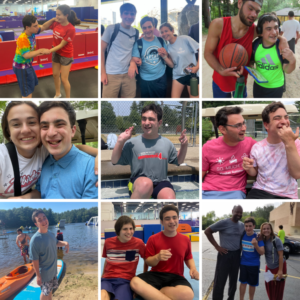 Collage of 9 photos of Harrison at camp programs through the years: with friends, staff and doing activities