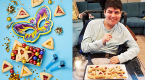 Purim themed background next to a resident with hamantaschen on his plate