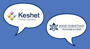 Keshet and JUF logos in speech bubbles on a blue background
