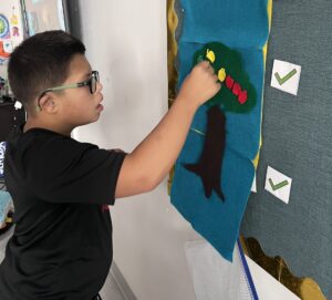 Student placing felt apples on a felt tree