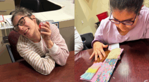 Two photos of Students working on sensory projects