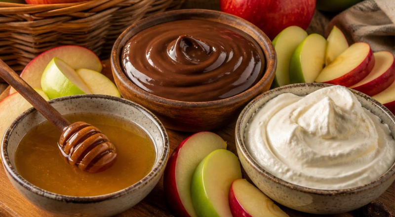 sliced apples with honey, chocolate and marshmallow dips