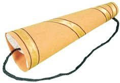 brown paper in the shape of a cone with a black string around it