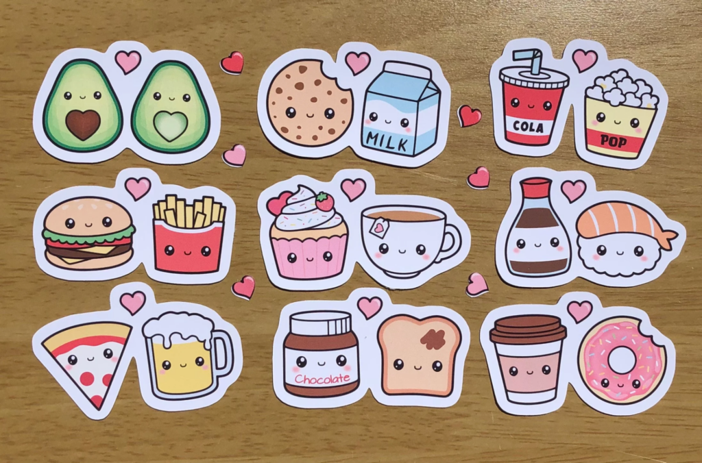 matching sticker sheets of foods with eyes on them